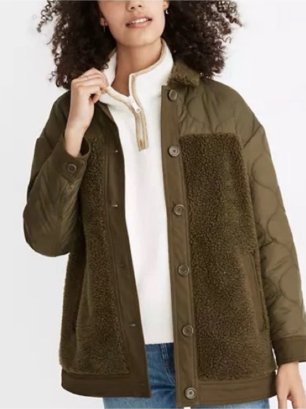 Madewell Olive Green Quilted & Sherpa Button-Front Jacket